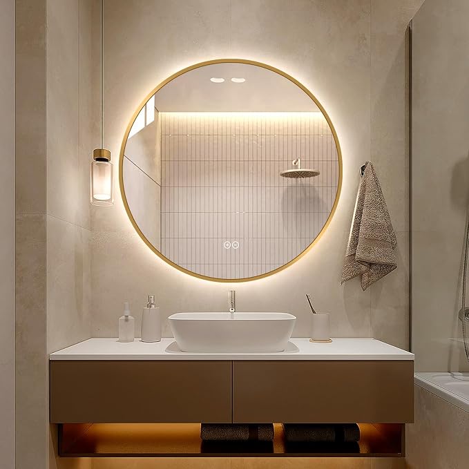 LAIYA 32 Inch Gold Round LED Bathroom Mirror, Anti Fog, Dimmable, 3 Colors | backlit lighted vanity wall mounted makeup mirror defogger touch switch brass frame IP65 CRI95 copper free silver glass hotel