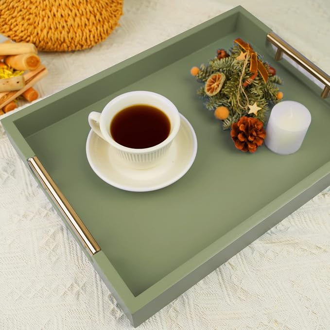 Wooden Decorative Coffee Table Tray, 16" Serving With Handles, Matte Finish, Ottoman for Living Room, Perfume, Vanity Dresser Organizer (Olive Green)