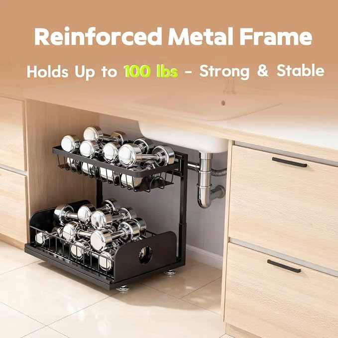 Under Sink Organizer, 1 Pack Under Kitchen Cabinet Organizer, Height Adjustable Pull Out Mute Slide-Out 2 Tier Metal Under Sink Storage for Bathroom, Pantry, Kitchen & Bedroom (Black, 1 Pack)