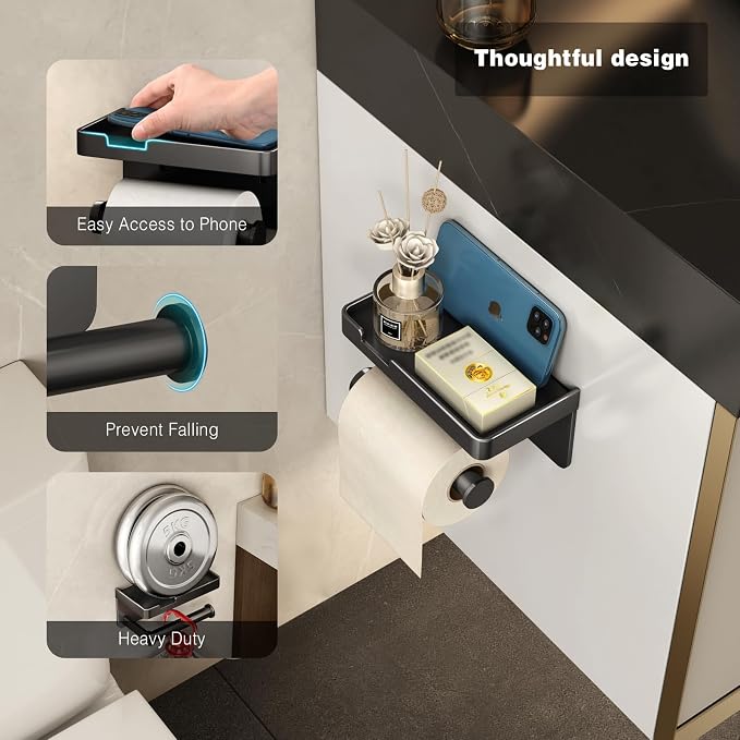 VOLDRA Toilet Paper Holder with Phone Shelf, Self-Adhesive or Screw-in Toilet Tissue Roll Holder Wall Mount, Rustproof & Multifunctional Bathroom Toilet Paper Holder Storage Dispenser(Black)
