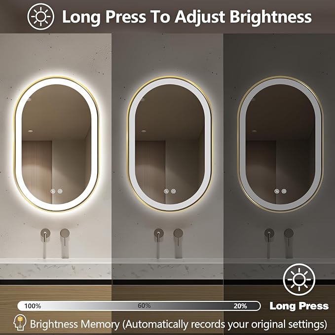Oval LED Bathroom Mirror, Backlit + Front Lit Mirror Old Gold Frame | 3 Color Dimmable, Anti-Fog, 32"x20", Memory Function, Shatter-Proof, HD Glass, Pill-Shaped Mirror, Vertical or Horizontal