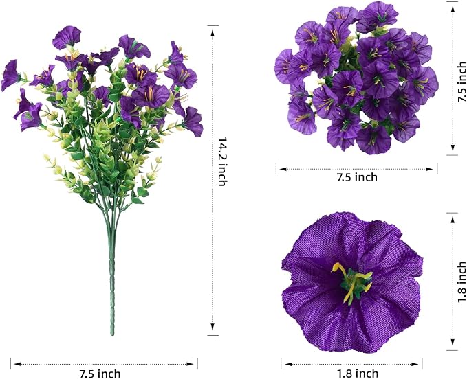 Artificial Flowers for Outdoors Fake Plants Outside Decoration, 12 Bundles Silk Colorful Morning Glory with Eucalyptus UV Resistant Realistic Faux Flowers for Planter Porch Patio Yard Garden