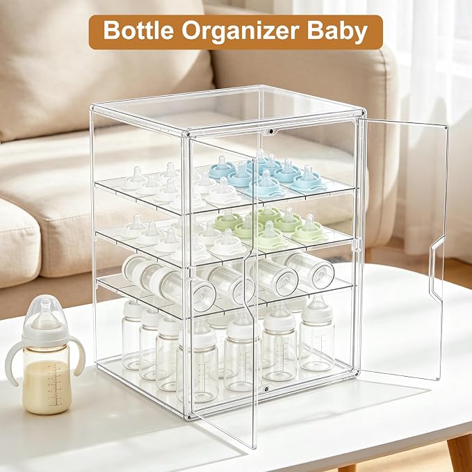ERTIUANIO Baby Bottle Organizer – 4 Tier Bottle Storage Organizer Baby with Double Magnetic Doors for Nipples, Pump Parts, Food Jars – Clear Nursery Cabinet for Countertop Kitchen