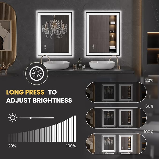 LOAAO 24"X36" LED Bathroom Mirror Black Framed | Anti-Fog, Dimmable, Memory Function, Tempered Glass, Lighted Vanity Mirror for Wall