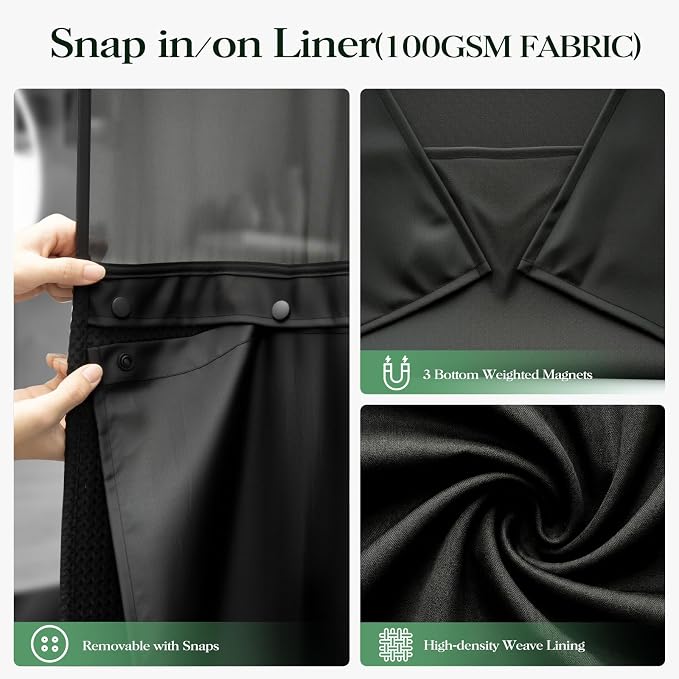 Black Hook Free Waffle Shower Curtain & Snap-in Fabric Liner,72x75 | Less Time to install, 3 in 1 Fabric Shower Curtain and Liner Set with Magnets, Mesh Top Window, Shower Curtains for Bathroom