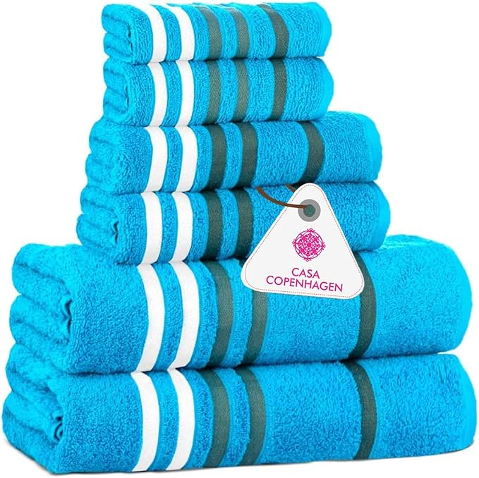 CASA COPENHAGEN 6pcs Bathroom Towel Gift Set, 550 GSM, Teal | Exotic 100% Egyptian cotton,2 Bath Towel 2 Hand Towel 2 Washcloth Towels. (Gift Set for Women & Men)