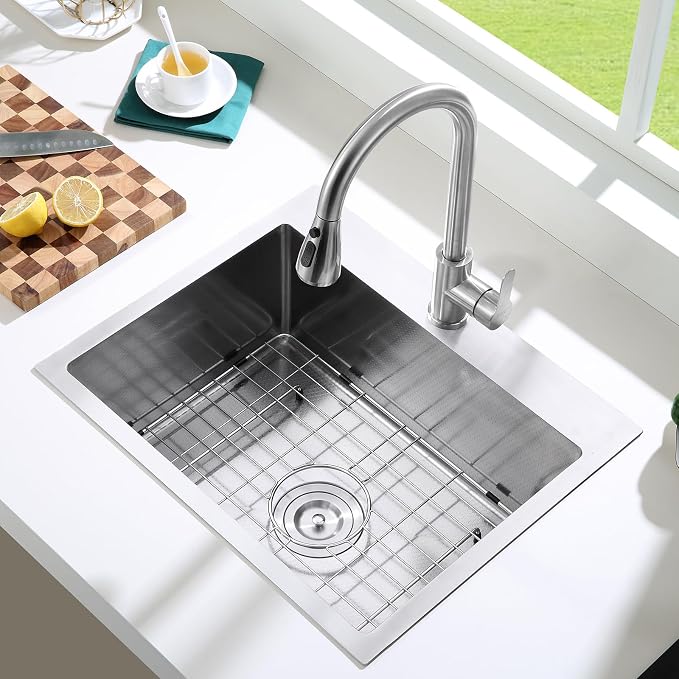 Stainless Kitchen Sink Protector - 20" x 14" with Center Drain | S304 Sink Grids for Bottom of Kitchen Sink, Center Drain for Single Bowl Kitchen Sink with Corner Radius
