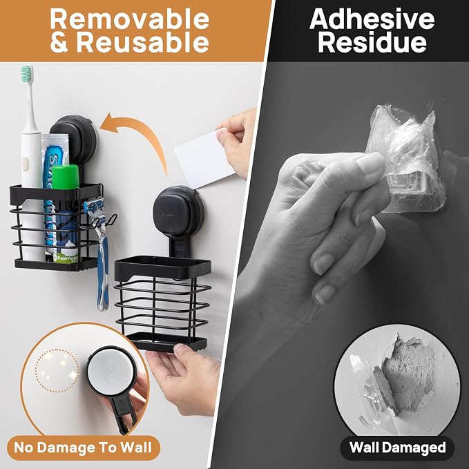 Upgraded Suction Cup Toothbrush Holder with Visible Safety Indicator, Black | Heavy Duty Stainless Steel Shower Electric Tooth Brush and Toothpaste Organizers, Removable, No Drilling, Anti-Puddling