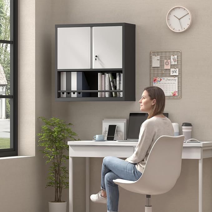 Garage Locking Cabinet, Wall Storage Cabinet with Shelves, Hanging Cabinets with Open Storage, Small Wall Cabinet, Lockable Tool Cabinet for Basement, School, Office