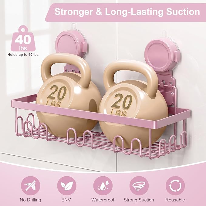 JOTPE Pink Suction Cup Shower Caddy, 2 Pack Bathroom Organizer with Hooks | No-Drill Shower Organizer with Strong Suction Cups, Rust-Resistant Metal Shelves Store Shampoo, Soap and Bath Essentials