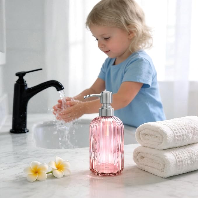 16 OZ Pink Glass Soap Dispenser Glass Soap Dispenser,Clear Pink Stripe Bathroom Hand Soap Dispensers with Stainless Steel Pump, Pink Kitchen Hand Soap Dispenser with Brushed Nickel Pump