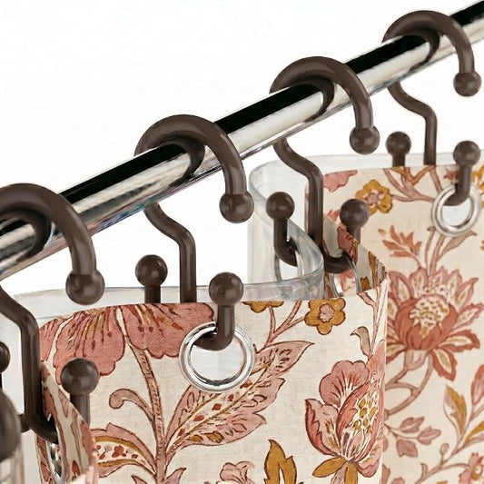 Bathway Brown Shower Curtain Hooks, 12 Plastic Double Shower Curtain Rings | Hang Both Shower Curtain & Liner, Waterproof, Rust-proof, Sturdy, Durable, Flexible, Multifunctional, Universal, Easy to Use