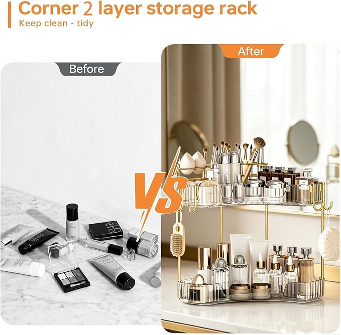 2-Tier Corner Bathroom Counter Organizer，Makeup & Skincare Shelf with Built-in Brush Holder，Space-Saving Bathroom Countertop Organizer for Skincare, Perfume, Cosmetics(Clear)