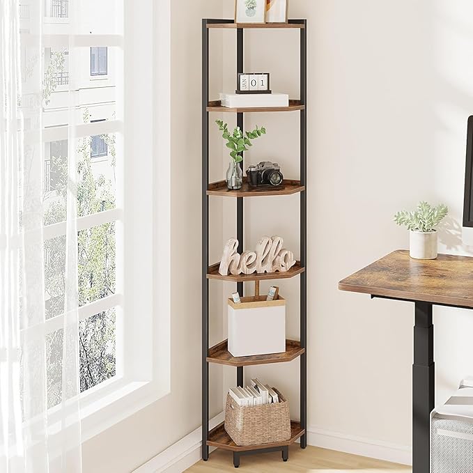 Hzuaneri Corner Shelf Stand 6-Tier Corner Bookshelf Storage Standing Shelf | Bookcase Plant Stand with Metal Frame for Living Room, Home Office, Bedroom, Rustic Brown CS06001B