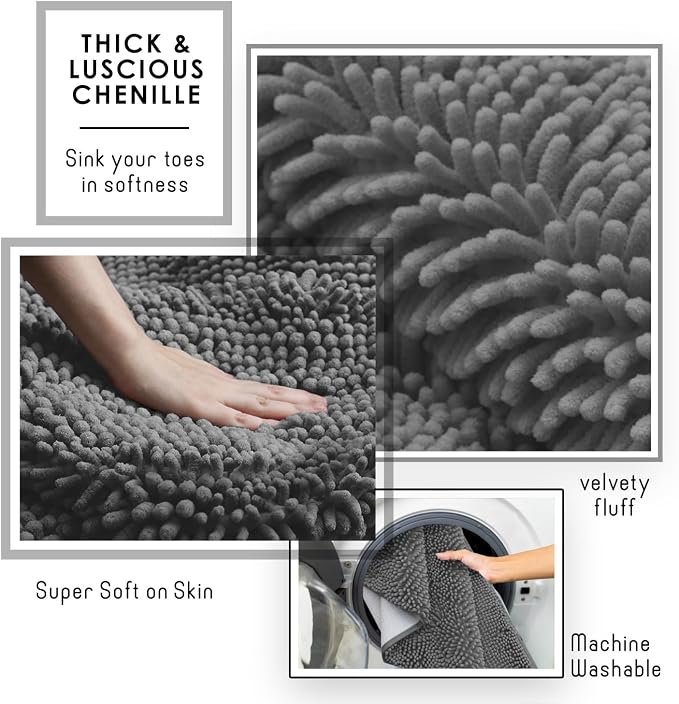 Hearth & Harbor Bathroom Rugs, Chenille Bath Mat - Machine Washable Bath Mats for Bathroom Non-Slip Backing Rubber, Quick Dry Mat - Grey Bath Rug, 17x24-20x32-20x24