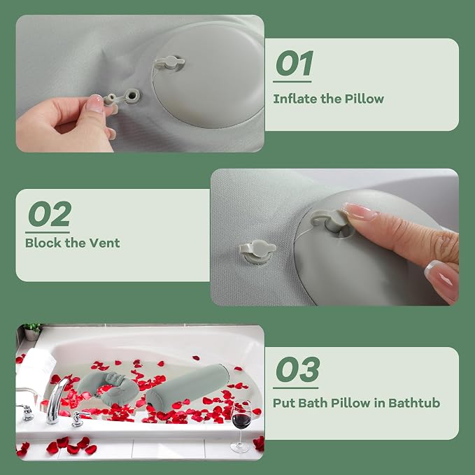 U-Shaped Full Body Bath Pillow for Tub 2 Pcs Inflatable Bathtub Bath Pillows with Adjustable Button for Shower, Neck Support Headrest & Leg Pillow for Relaxation Spa Soak in Bathtub