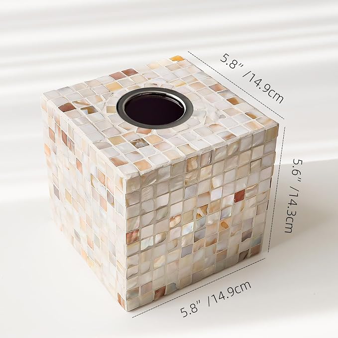 WDHODEC White Tissue Box Cover Square Decorative Tissue Box Holder Handmade Shell & Wooden Tissue Box Cube for Living Room, Dining Room, Cafe, Hotel, Office