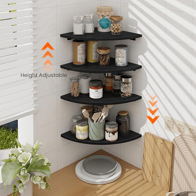 Corner Shelf Wall Mount, 4 Tier Rounded Corner Floating Shelves, 12 Inch Deep Hanging Corner Shelf Storage, Wood Corner Wall Shelving for Living Room Bedroom Bathroom Kitchen, Black