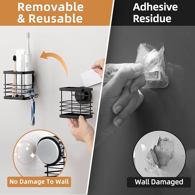 Powerful Suction Cup Stainless Steel Toothbrush Holders, Black | Removable Shower Tooth brush and Toothpaste Holder, Strong Suction Up to 11lbs, Anti-Puddling ,No Drill Bathroom Organizer