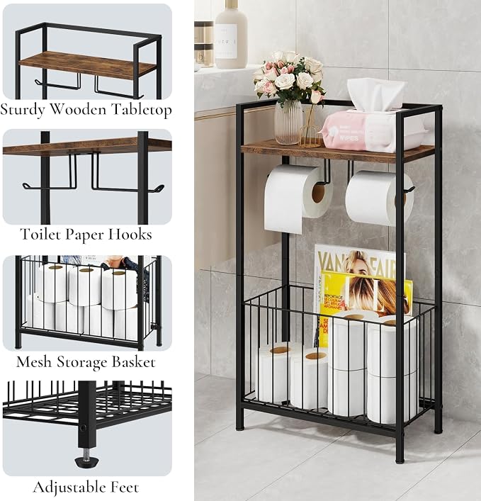 Freestanding Toilet Paper Holder with Storage, Rustic Brown | Toilet Paper Holder Stand with Wooden Shelf for Bathroom Storage, Dual Toilet Paper Roll Stand for Extra Rolls & Magazines