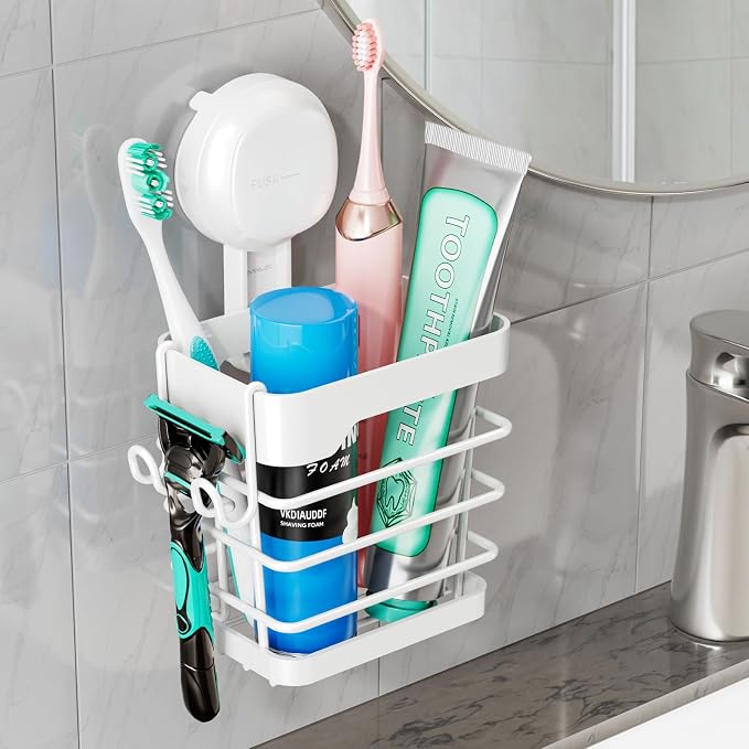 Upgraded Suction Cup Toothbrush Holder with Visible Safety Indicator, White | Heavy Duty Stainless Steel Shower Electric Tooth Brush and Toothpaste Organizers, Removable, No Drilling, Anti-Puddling
