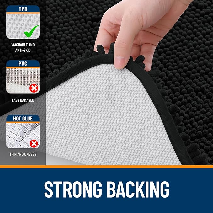OLANLY Large Bathroom Rugs 59x35, Extra Soft Absorbent Chenille Bath Rugs | Black, Quick-Drying Rubber Backing, Machine Washable Bath Mat for Bathroom Floor, Tub and Shower, Home Decor Accessories