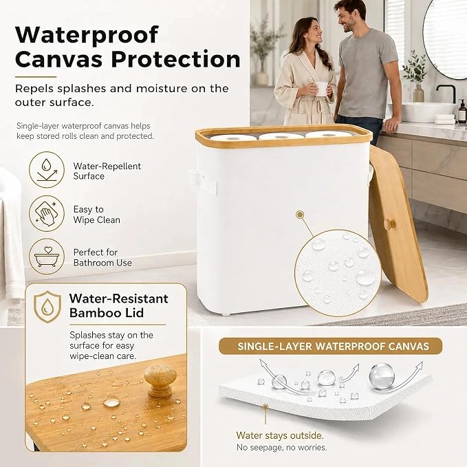 Premium Waterproof Toilet Paper Storage Box with Bamboo Lid - Fits 9 Mega Rolls, 900D Heavy-Duty Fabric Bathroom Organizer Bin with Elevated Base & Handles for Narrow Spaces (17.3"x 6.9"x 15.5")