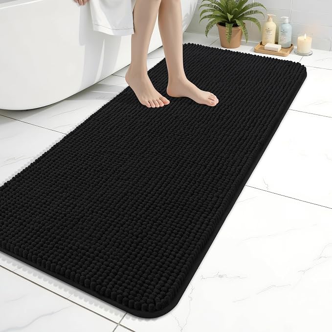 Arotive Chenille Bathroom Rugs 47x20, Soft Absorbent Bath Mat, Black | Rubber Backing, Machine Washable Dry Bath Mats for Bathroom Floor, Tub and Shower, Home Decor Accessories