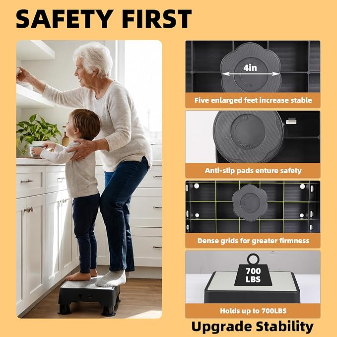 Adjustable Step Stool for Adults, Toddler Step Stools, 660 LBS Capacity Non-Slip Safety Step Platform for Elderly and Kids, Portable Stair Assist for Cars, Bedside, Kitchen, and Shower, Grey