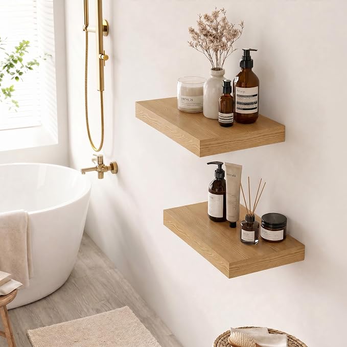Deep Floating Shelves for Wall, 12 Inch Wide Small Wall Shelves Set of 2, 2 Inch Thick Invisible Wall Mounted Shelves for Bathroom Bedroom Nursery,Oak Color