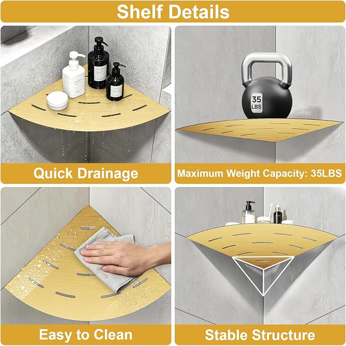 soaez Brushed Gold Corner Shower Shelf, SUS304 Stainless Steel Recessed Bathroom Shower Shelves, No Drilling Grout Mount Shelf for Shower, Bathroom Accessories (8", 2Pack)