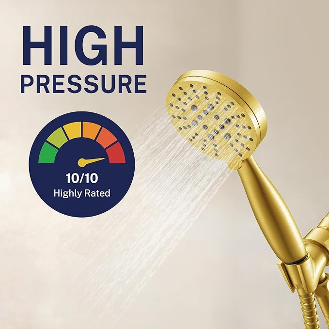 HammerHead Showers® Solid Metal 3-Spray Handheld Shower Head with Long Hose and Holder - BRUSHED GOLD - WIDE, MASSAGE, and MIST Sprays - 1.8 GPM Low Flow Handheld Showerhead - Water Saving Shower Head