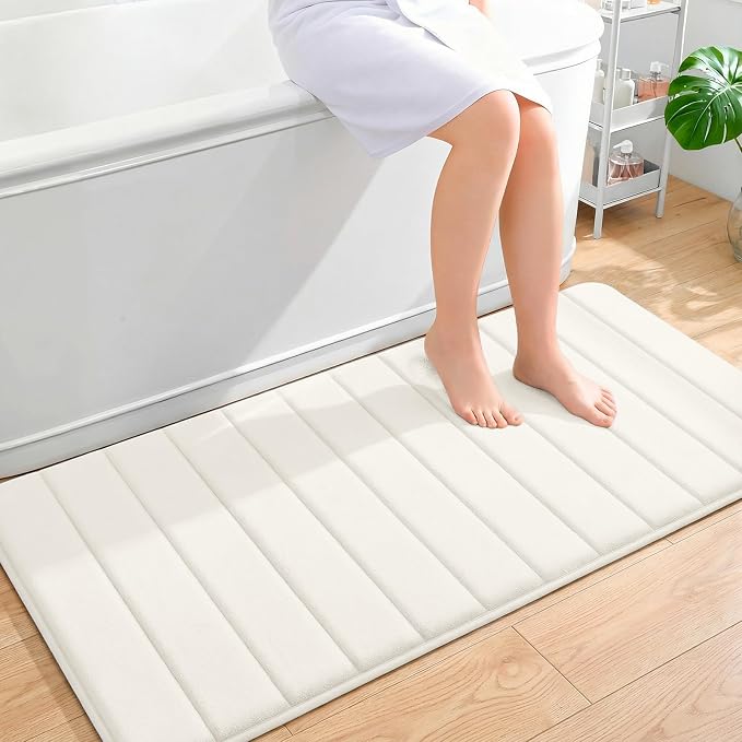 OLANLY Memory Foam Long Bathroom Rugs Runner 47x24, Super Soft Absorbent | Ivory, Quick Dry Bath Mat, Machine Washable Shower Floor Rugs, Bathmat Carpet for Bathroom Floor, Tub and Shower
