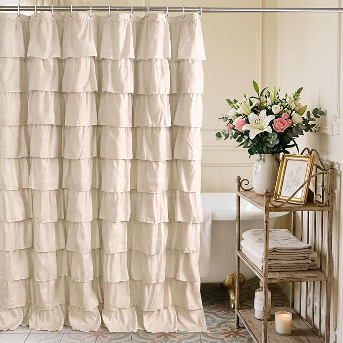 Khaki Ruffle Shower Curtain Farmhouse Rustic Fabric Cloth Shower Curtains | Waterproof Shower Curtain Luxury Weighted 72" x 72" for Bathroom