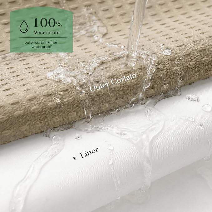 Beige Hook Free Waffle Shower Curtain & Snap-in Fabric Liner,54x81 | Less Time to install, 3 in 1 Fabric Shower Curtain and Liner Set with Magnets, Stall, Long, Shower Curtains for Bathroom