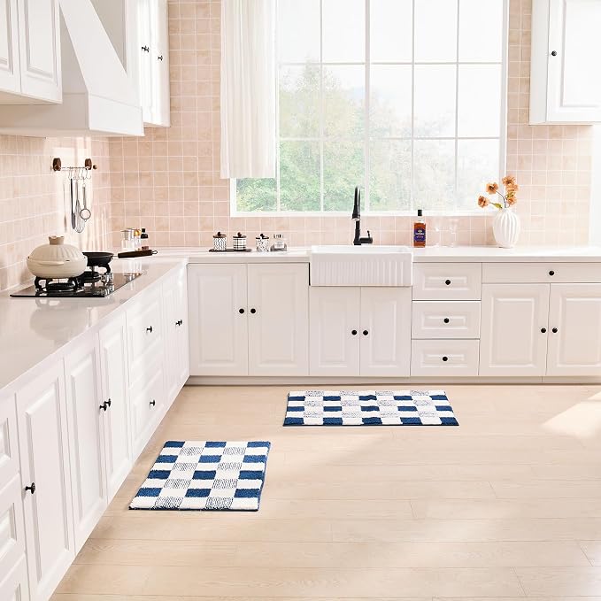 CozeCube Navy Blue Checkered Bath Mat 47"x24" Non Slip Washable Rug | For Bathroom Non Slip, Fluffy Absorbent Microfiber Bath Mats Machine Wash, Stylish Long Aesthetic Bathroom Rugs