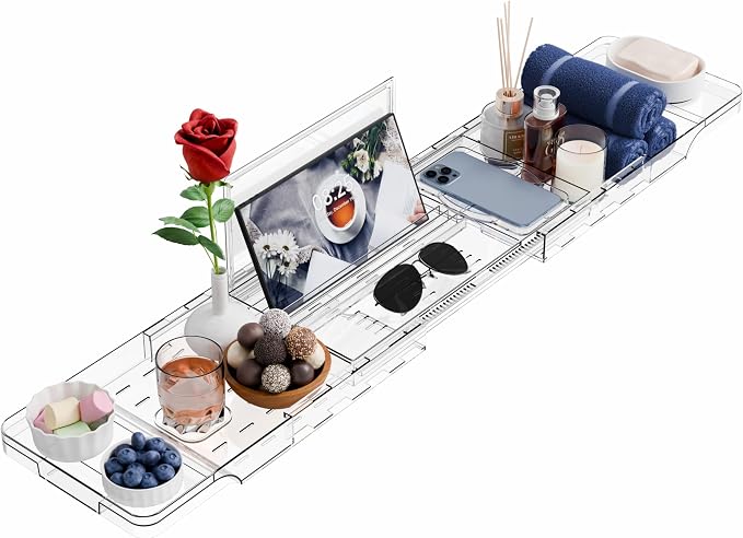 Luxury Clear Bathtub Shelf Across Tub,Expandable Plastic Bathtub Tray Over The Tub Bath Caddy,Free Standing Bath Table Board & Accessories for Women Relaxing with Reading Book and Ipad Holder