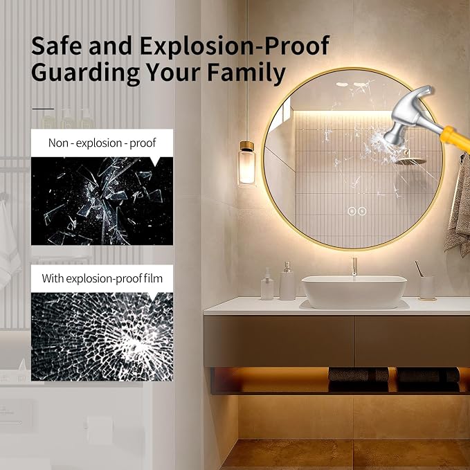 LAIYA 32 Inch Gold Round LED Bathroom Mirror, Anti Fog, Dimmable, 3 Colors | backlit lighted vanity wall mounted makeup mirror defogger touch switch brass frame IP65 CRI95 copper free silver glass hotel