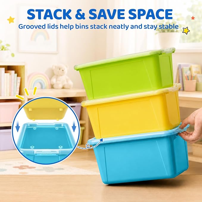 GAMENOTE 6 Quart Storage Bins with Lids, Plastic Latching Box for Classroom & Kids Toy Storage,Stackable Shoe Box Size Containers for STEM Morning Tubs, Crafts & Blocks (6, Macaron)