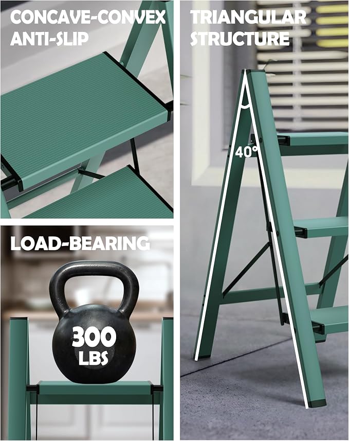 Taranta 3 Step Stool Foldable,Aluminum Step Ladder-Green | Lightweight,Wide Anti-Slip Pedals,Folding Step Stool,330lbs Capacity Stepladder for Household,Kitchen,Office