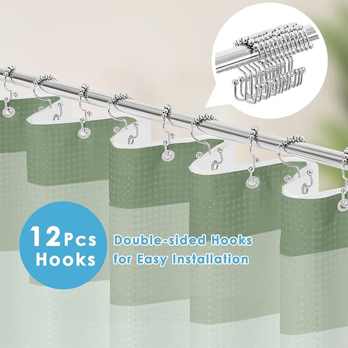 3 in 1 Shower Curtain and Liner,72 x 72 inch, Ombre Green | Striped Shower Curtain and PEVA Liner Set with 12 Rust-Resistant Metal Hooks, Waterproof Fabric Curtains for Bathroom