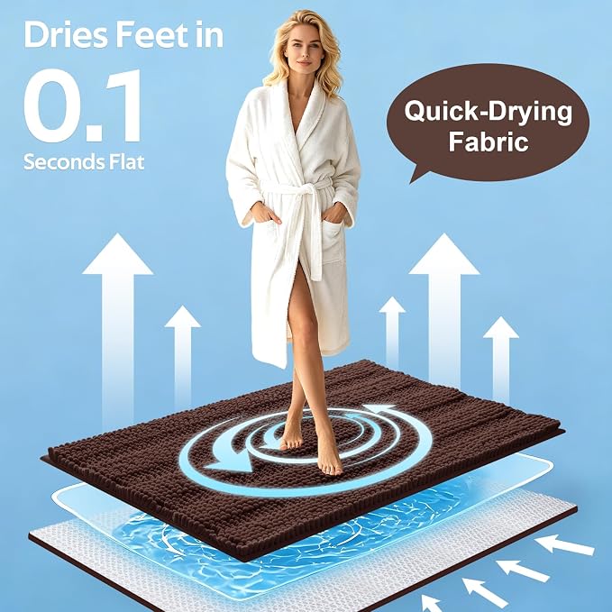 Striped Brown Bathroom Rug Set 3 Pieces Ultra Soft, Non Slip Chenille Toilet Mat, Absorbent Plush Shaggy Bath Mats for Bathroom, Bedroom, Kitchen