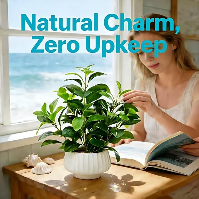 Artificial Peperomia Plants 16” Tall Lifelike Faux Greenery in 6” White Ribbed Ceramic Planter Realistic Indoor Fake Potted Plant for Home Office Desk Shelf Bathroom Bedroom Farmhouse Decor