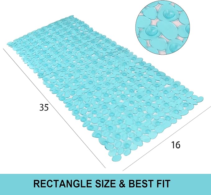 Pebble Shower Mat for Bathtub Non Slip 35"X16" with Suction Cup Clear Green | Anti Slip in Shower with Drain Holes