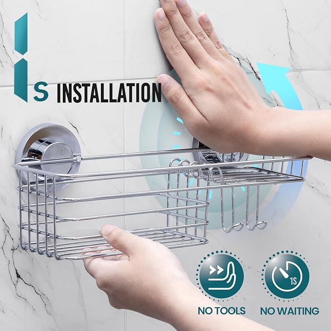 TAILI Shower Caddy Suction Cup with Hooks & Soap Holder, Silver | Heavy Duty Shower Organizers, Removable Bathroom Shelves for Inside,Stainless Steel Bathroom Holder