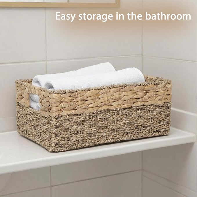 Handmade Water Hyacinth Storage Basket, Woven Basket Organizer with Inner Handles for Home & Office Decor (Medium)