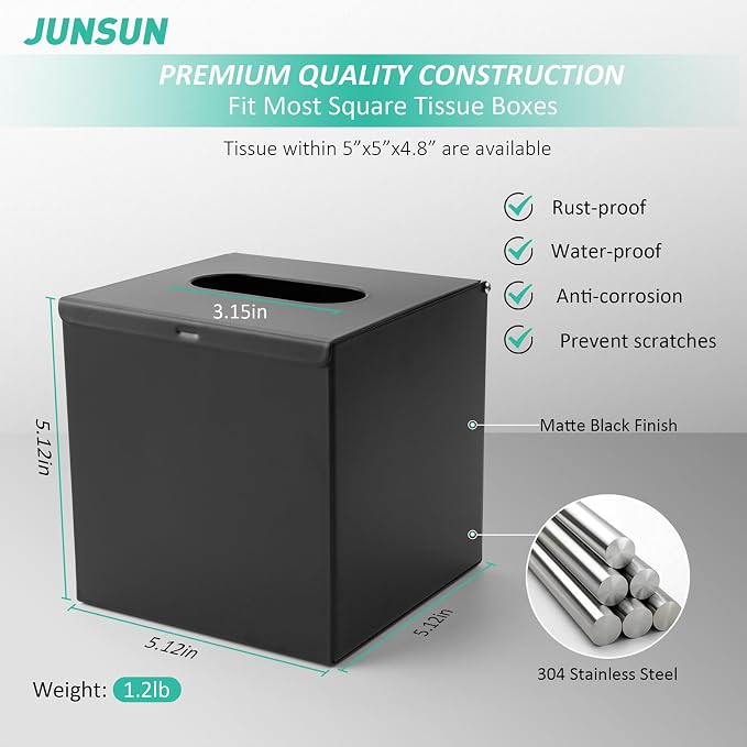 JunSun Square Tissue Box Cover Tissue Box Holder Napkin Holder Tissue Cube Box Decorative Holder for Bathroom Bedroom Office Dresser Nightstand Desk Tabletop 5"X 5" X 5"-Stainless Steel Matte Black