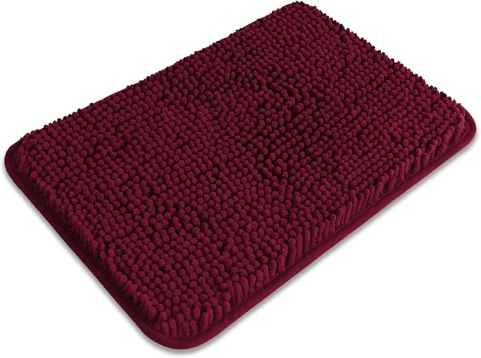 Small Bathroom Rug 12"x18" – Washable and Absorbent Bath Mat, Non Slip, Thick Soft Chenille Bath Rugs for Bathroom, Shower, Sink, Dog mat(Vivid Burgundy)