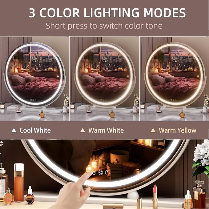 Hasipu Vanity Mirror with Lights, 27.6" LED Big Makeup Mirror, Lighted Makeup Mirror with Lights, Smart Touch Control 3 Colors Dimmable Round Mirror 360°Rotation White