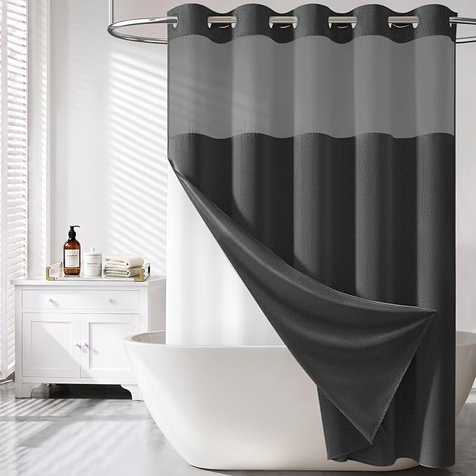 72x87 Ringless Linen Look Shower Curtain with Snap Liner Charcoal Grey | Extra Long Size, 3 in 1 Durable Fabric Shower Curtain, Removable Liner, Waterproof & Washable, Mesh Top Window, Easy Setup